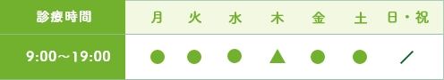 診療時間 9:00～19:00 木曜日は9:00～13:00 休診日は木曜午後・日曜・祝日
